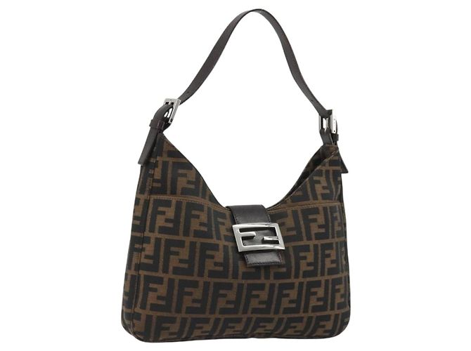 FENDI Zucca Canvas Mamma Baguette Borsa a Spalla Marrone Nero Auth BA13674V