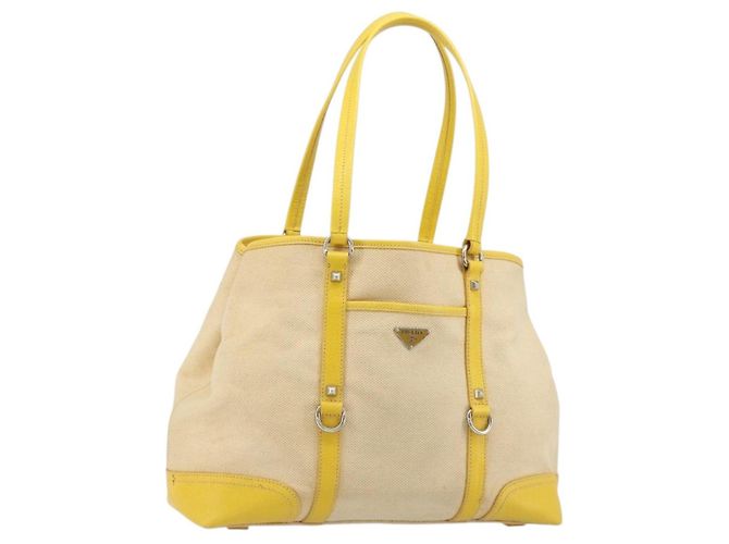 PRADA Tote Bag Canvas Beige Silber Auth 189498A