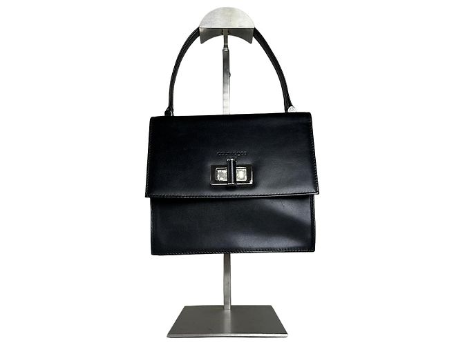 Vintage Courreges Strukturierte Lederhandtasche Schwarz Silber