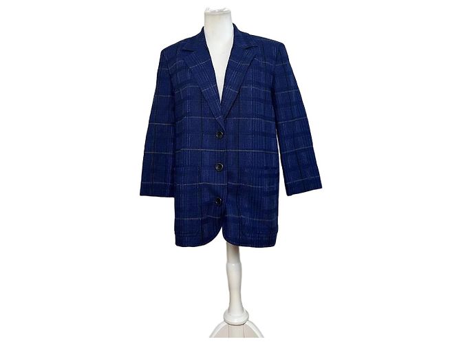 Vintage Dior Checked Wool Blend Blazer Blue L Navy blue