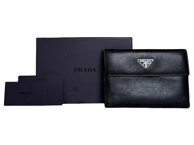 Vintage Prada Saffiano Leather Wallet Black Silver