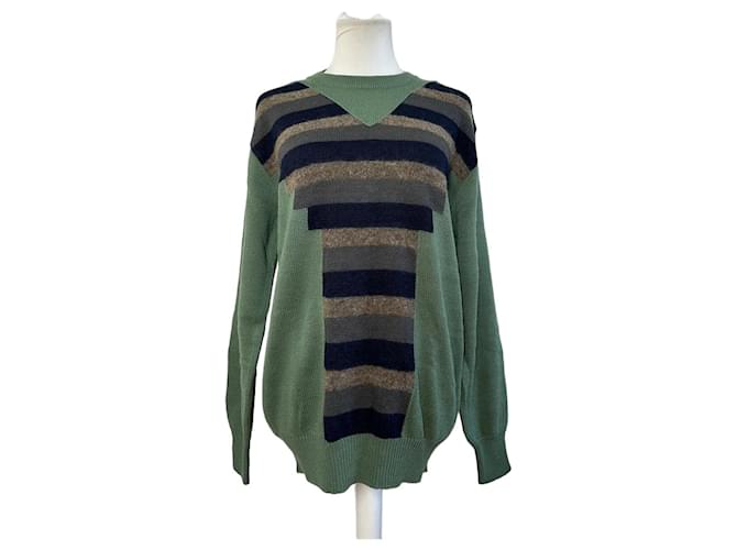 Pull en laine et coton rayé vintage Yves Saint Laurent pour homme Vert Marine Beige XL 