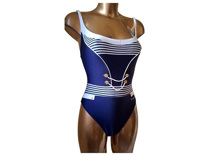 Autre Marque Bañador de una pieza con tema náutico Blanco Azul