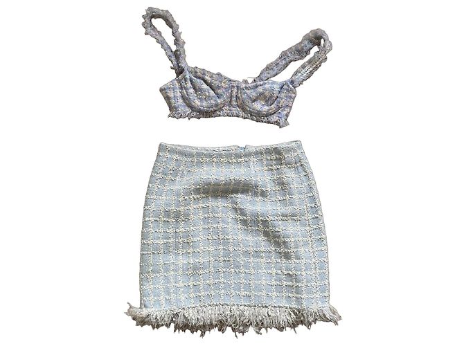 Conjunto de saia e top bustier em tweed Chanel Rosa Cinza Cru Amarelo Azul claro
