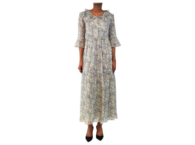 Céline Blaues Midi-Kleid mit Blumenmuster - Größe UK 6