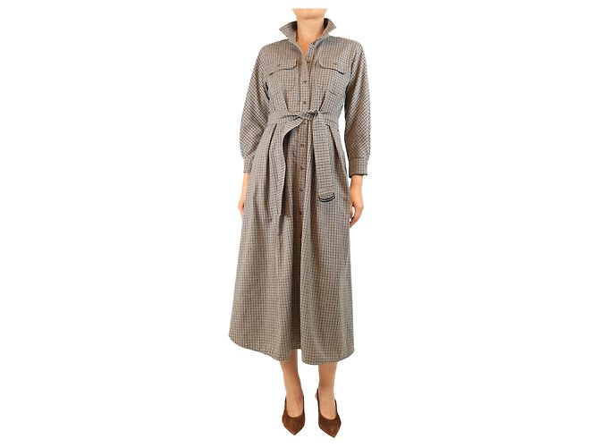 Weekend Max Mara Midi-Kleid mit braunem Gingham-Muster und Gürtel - Größe UK 8