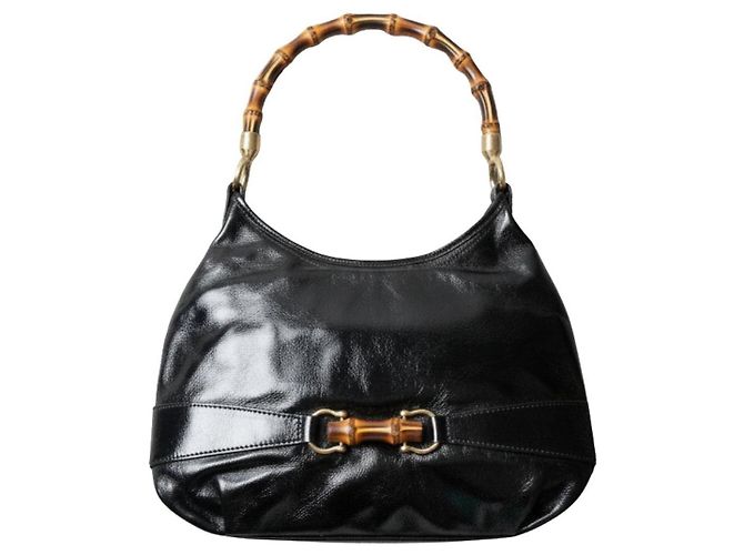 Autre Marque Talbots Borsa a tracolla in pelle vernice nera con manico in bambù Nero