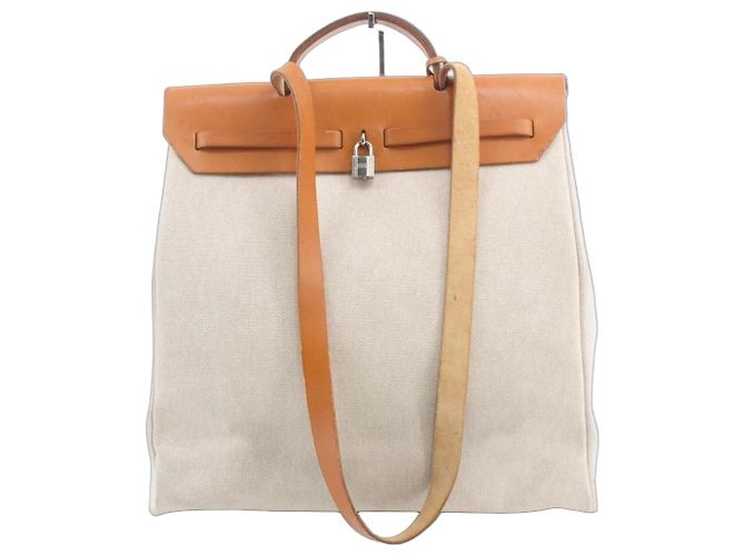 Bolsa Hermès Haut à Courroies em tela e couro Marrom Bege