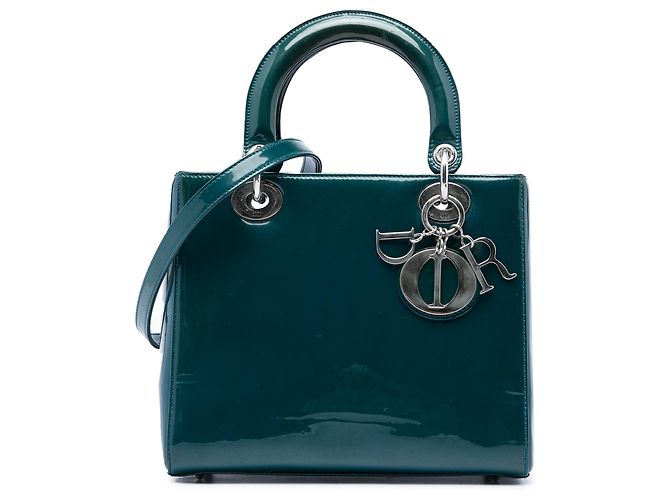 Lady Dior en cuir verni bleu, taille Medium