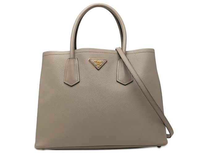 Prada Sac Double Saffiano Cuir Gris Medium Marron