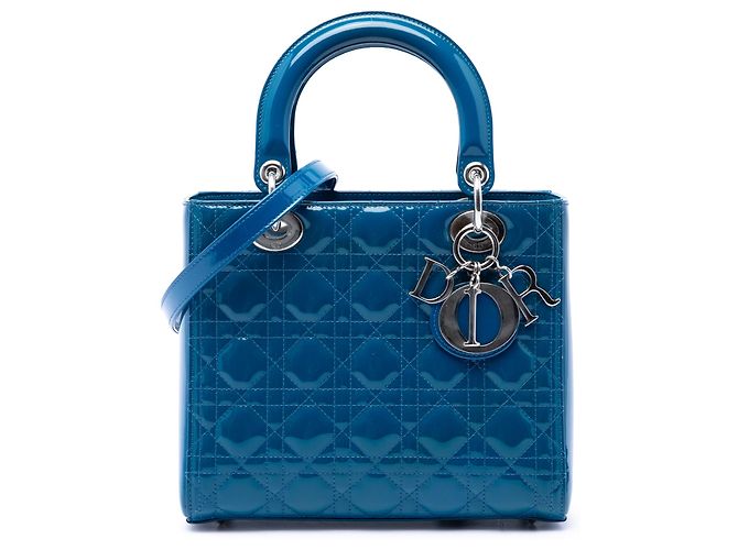 Lady Dior Cannage en charol azul, tamaño Medium
