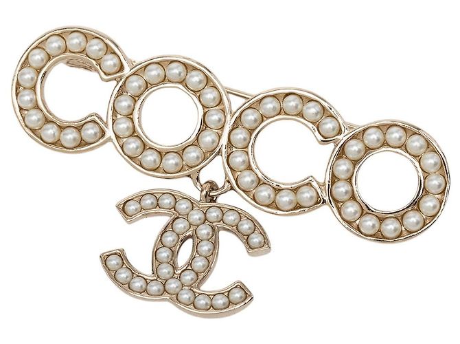 Chanel Coco Dangle Brosche mit Goldbeschichtung und Kunstperlen CC Gold Golden