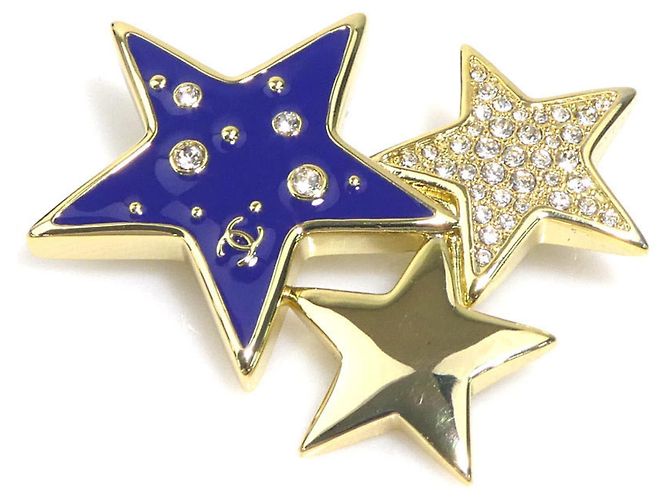 Chanel Coco Mark Star Brosche Silber Blau Golden Marineblau