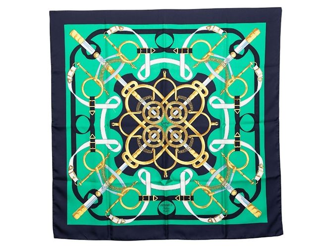 Hermès Sciarpa Hermes Carre 90 Eperon d'Or Verde Blu navy