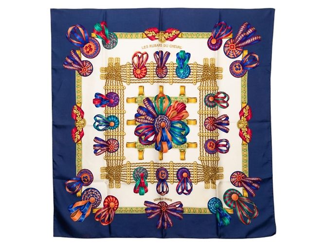 Hermès Hermes Carre 90 LES RUBANS DU CHEVAL Sciarpa Multicolore Blu navy