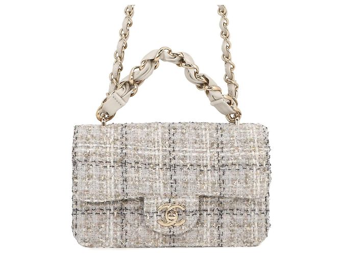 Bolsa de ombro com corrente em tweed cinza Chanel Marrom