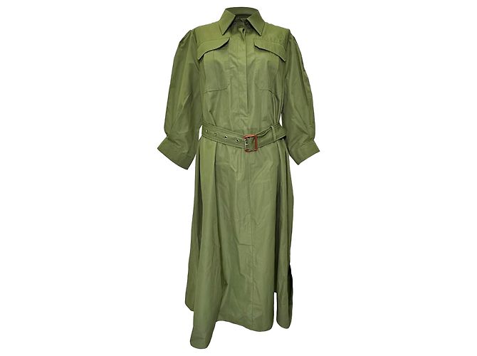 Vestido camisa midi com cinto e bolso de aba em algodão oliva Alexander Mcqueen Verde Verde oliva