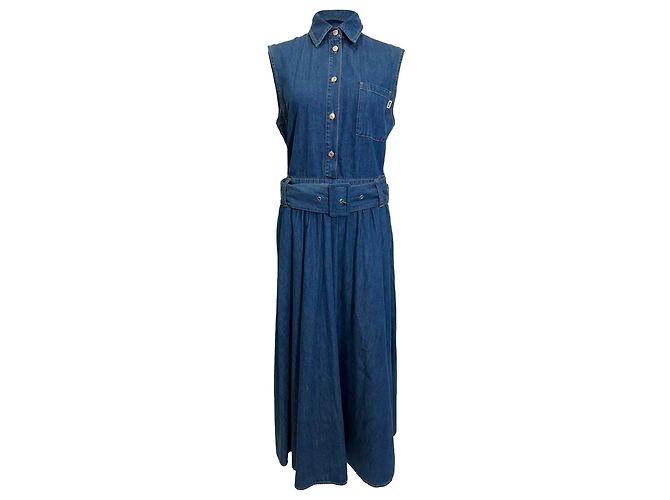 Vestido camisa sem mangas com cinto em denim azul MSGM