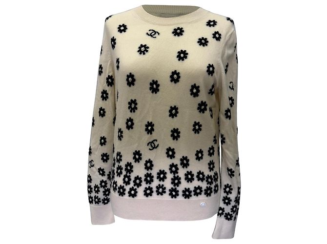 Timeless Chanel Daisy Flora Strickpullover aus Cashmere in Creme Weiß Roh