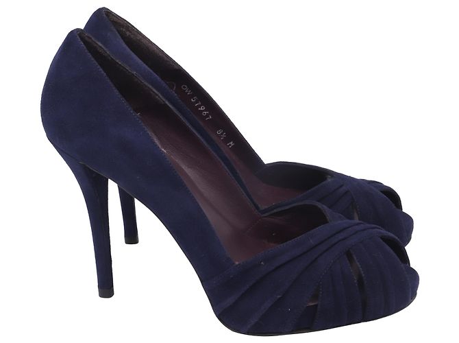 Stuart Weitzman Peep-Toe Pumps in Navy Blue Suede