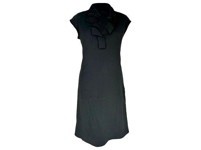 Céline Celine Midi-Kleid mit Rüschenhalsausschnitt aus schwarzer Wolle