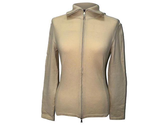 Prada Zip-Up Elbow-Patched Sweater in Beige Wool