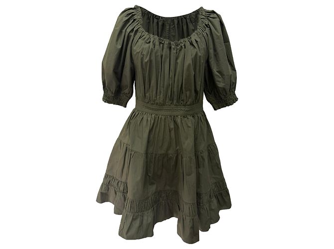 Vestido corto con volantes y mangas abullonadas Ulla Johnson en algodón oliva Verde Verde oliva