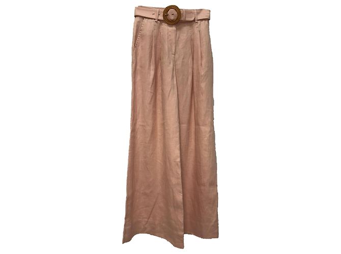 Calças largas com cinto Zimmermann em linho pêssego Rosa Pescaria