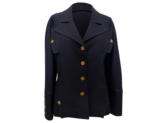 Timeless Chanel Gold Button Jacket in Navy Blue Wool