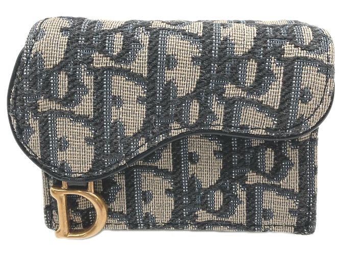 Christian Dior Oblique Jacquard Saddle Compact Wallet Beige Navy blue