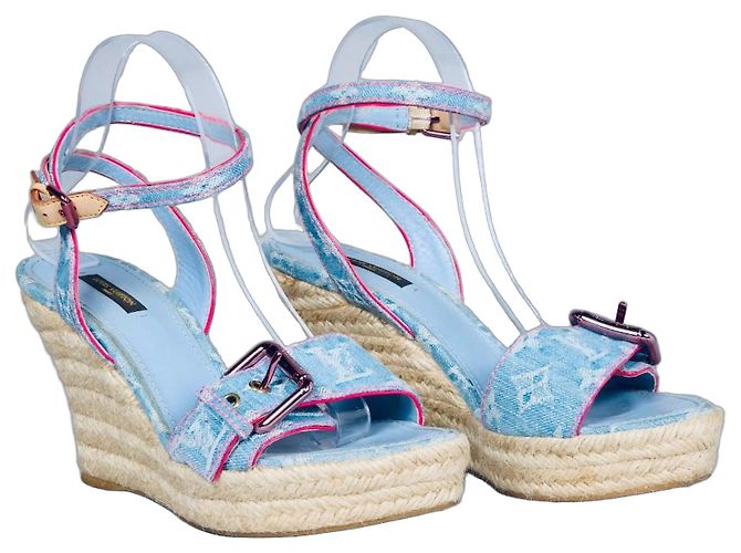 Louis Vuitton Sandálias de salto plataforma em ganga Monogram Rosa Azul