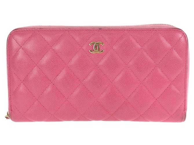 Cartera larga de piel de becerro granulada rosa Chanel