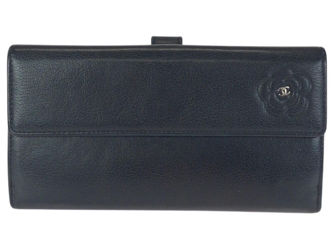 Chanel Camellia Coco Mark Black Leather Long Wallet
