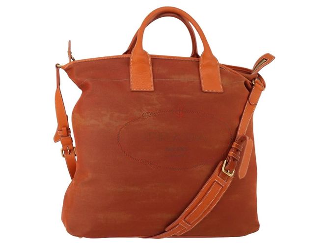 PRADA Handtasche Canvas 2way Orange Gold Auth mr2579V Golden