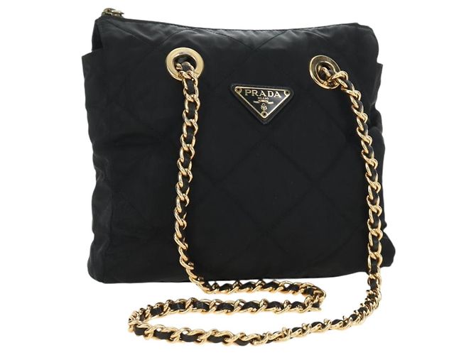 Borsa Tote con Catena PRADA Nylon Nero Oro Auth am12036V D'oro