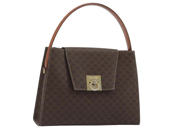 Céline Bolsa CELINE Macadam Canvas PVC Couro Marrom Ouro Auth 189671 Dourado