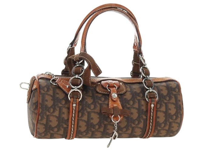 Borsa Christian Dior Trotter Canvas Romantic PVC Marrone Argento Auth 189127M