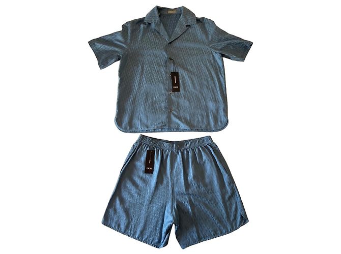 Completo camicia e pantaloncini in seta Dior Oblique Bleu Blu