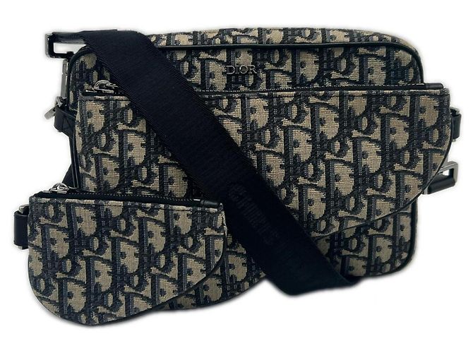 Bolsa Saddle em jacquard Oblique Christian Dior Bege Azul marinho