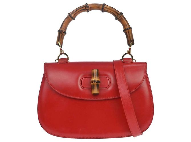 Gucci Vintage Convertible Bamboo Top Handle Leather Medium Rosso
