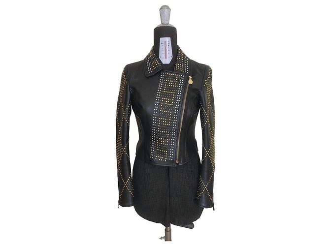 Versace For H&M Versace x H&M Jacket Black Leather Biker with Gold/Silver Studs XS 38 IT 2011