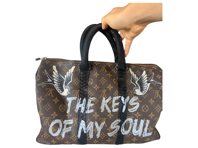 Borsa da viaggio Louis Vuitton Speedy personalizzata Marrone Nero Bianco