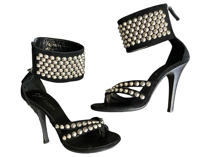 Balmain x Giuseppe Zanotti Studded Suede Ankle Strap Sandals Black