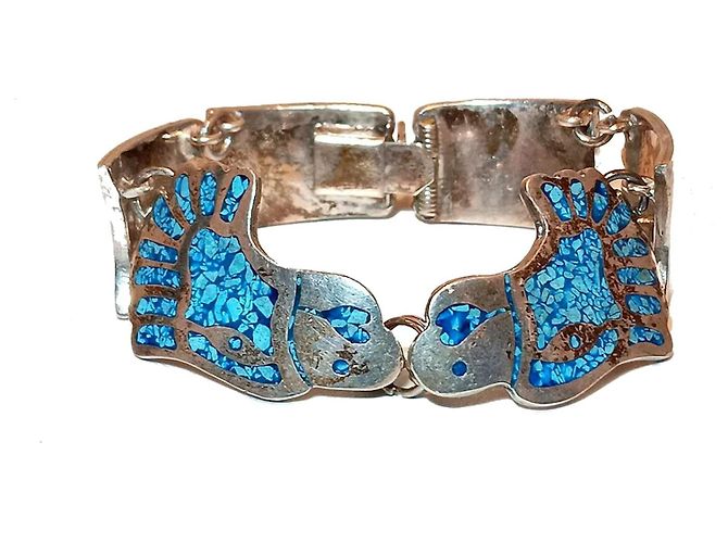 Pulseira Mexicana Prata 925 e Turquesa Motivo Pássaro