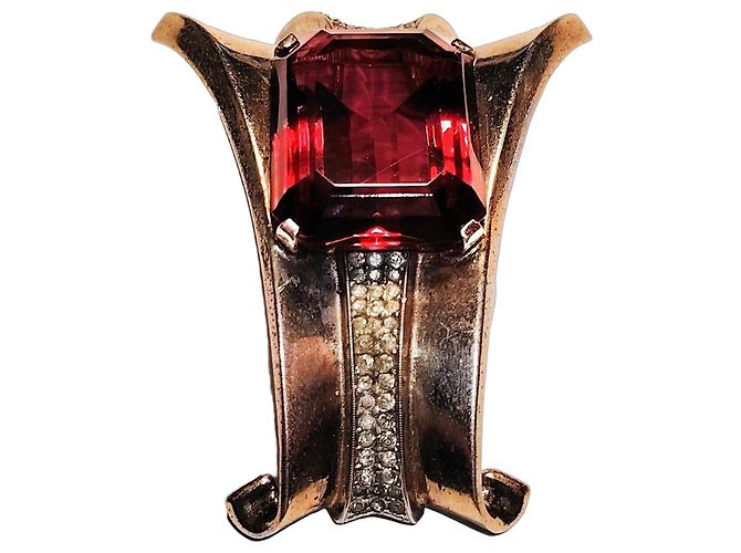 Autre Marque Spilla Clip Crown Trifari Argento Sterling e Vetro Rosso D'oro