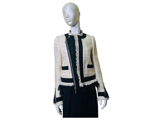 Sacai Giacca in Tweed con Pizzo e Frange Nero Bianco Crudo