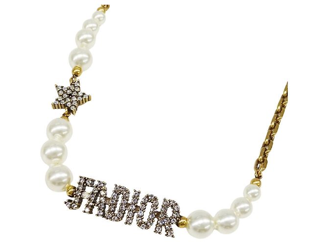 Colar Christian Dior dourado com pérolas falsas e strass