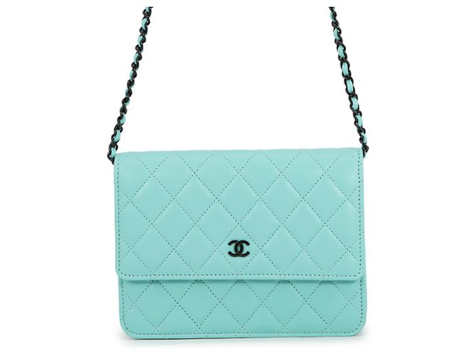 Portafoglio con catena/spalla Chanel in nero e turchese