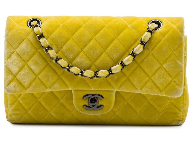 Chanel Yellow Medium Classic Velvet Double Flap Jaune