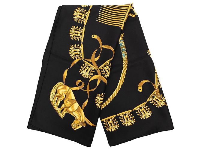 Lenço de seda Hermès Black Les Cavaliers d Or 90 Preto